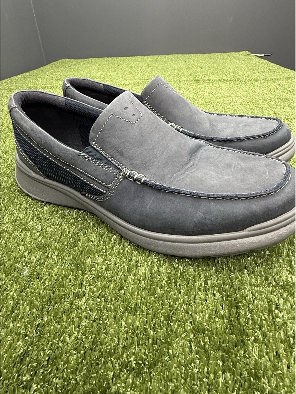 Clarks Mens Size 12 M Navy Nubuck Slip On Loafers Moc Toe Comfort Shoes